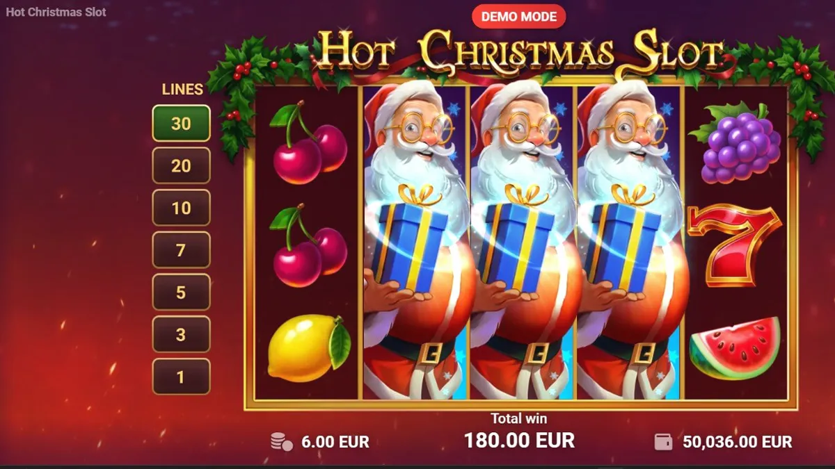 Tampilan visual mesin slot Hot Christmas dengan tema buah klasik dan dekorasi liburan.